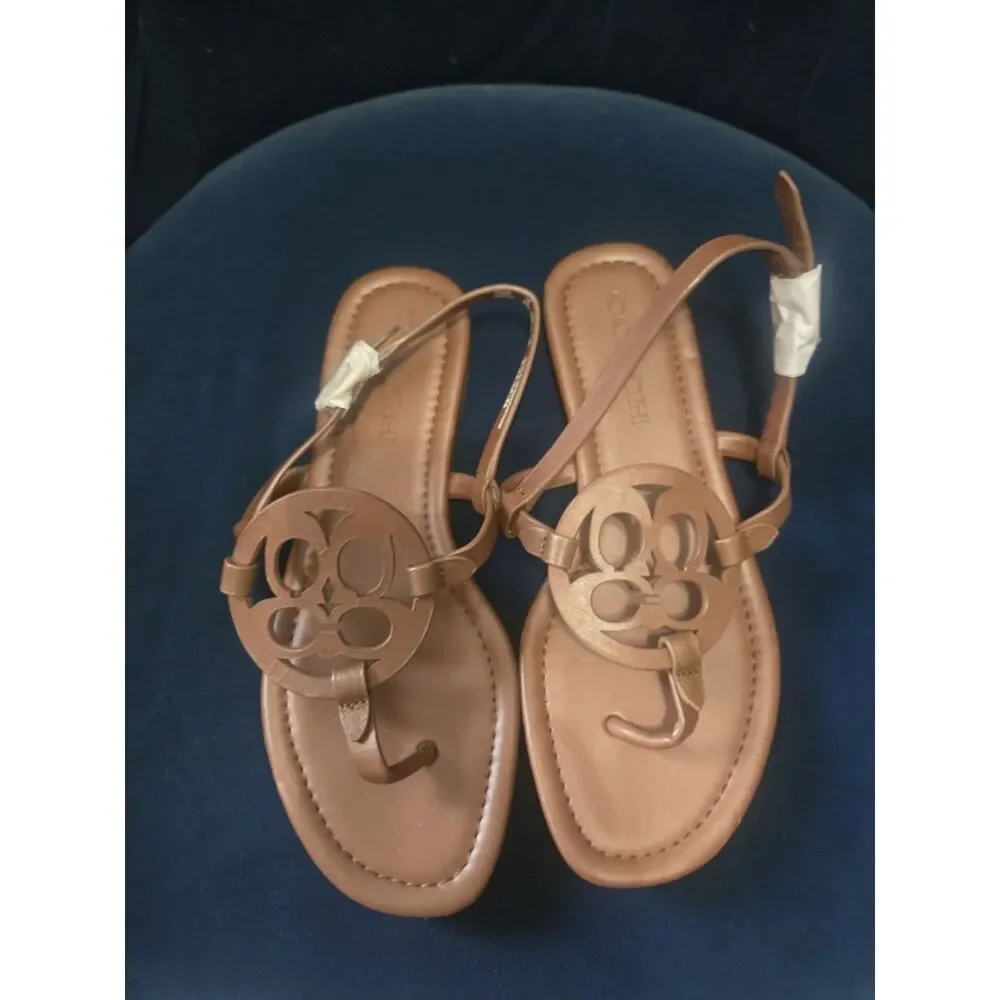 Coach - NEW Jaci Leather Logo Brown Thong Slingback Sandals - Size 5.5B